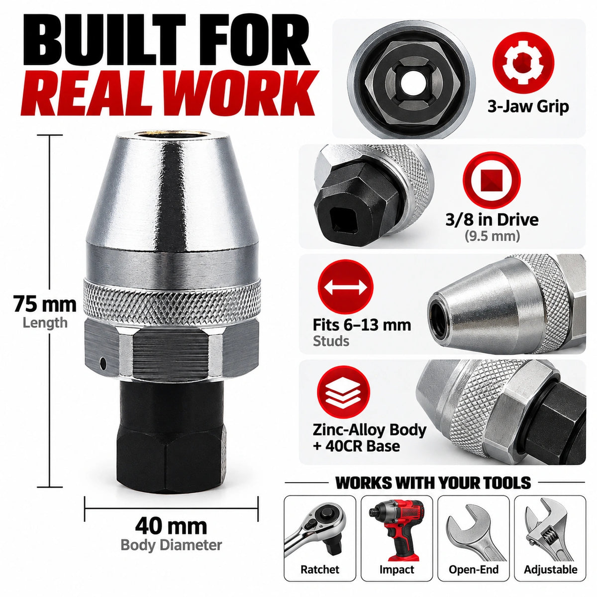 RAYSDEX 6-13mm stud extractor specifications with 3/8 inch drive 75mm length and 40mm diameter