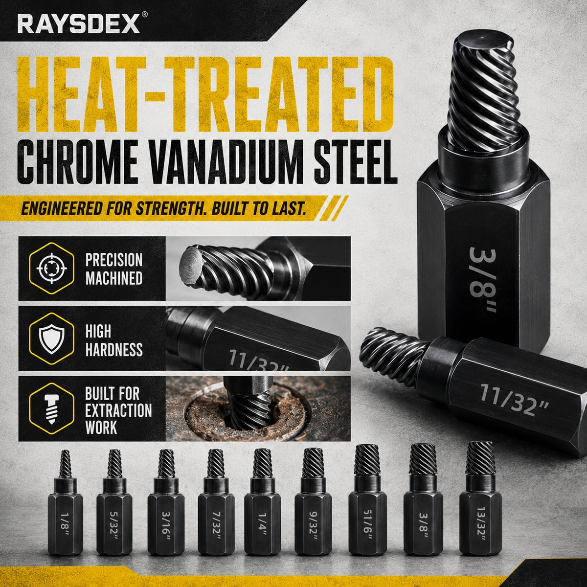 Heat-treated chrome vanadium steel screw extractor kit