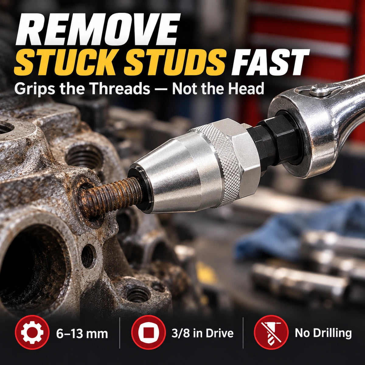 RAYSDEX 6-13mm stud extractor removing a stuck threaded stud with a 3/8 inch ratchet
