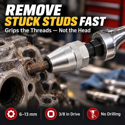 RAYSDEX 6-13mm stud extractor removing a stuck threaded stud with a 3/8 inch ratchet