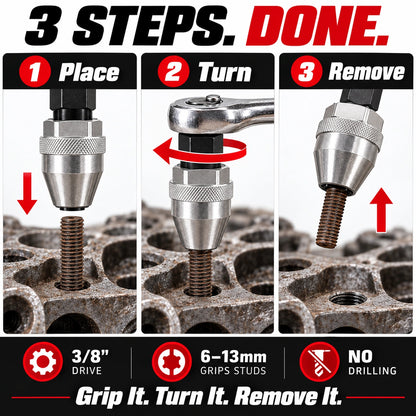 How to use RAYSDEX stud extractor to grip and remove a threaded stud in three steps