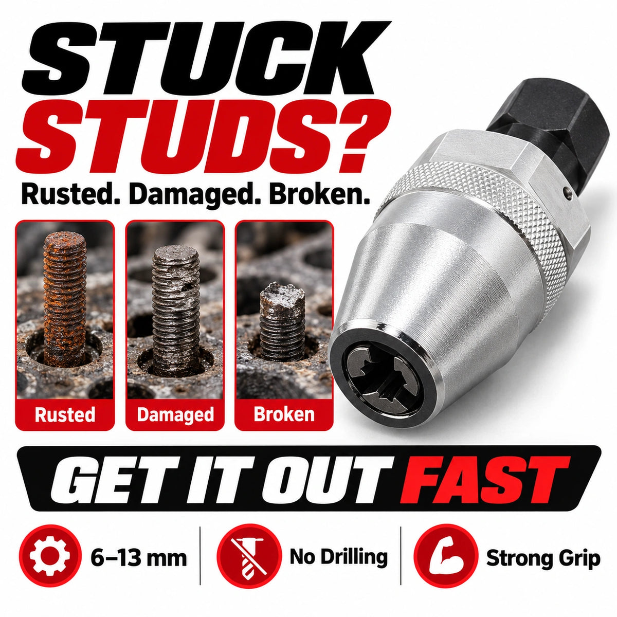 RAYSDEX stud extractor for rusted damaged and broken 6-13mm threaded studs