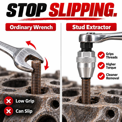 Stud extractor compared with an ordinary wrench for gripping exposed threaded studs